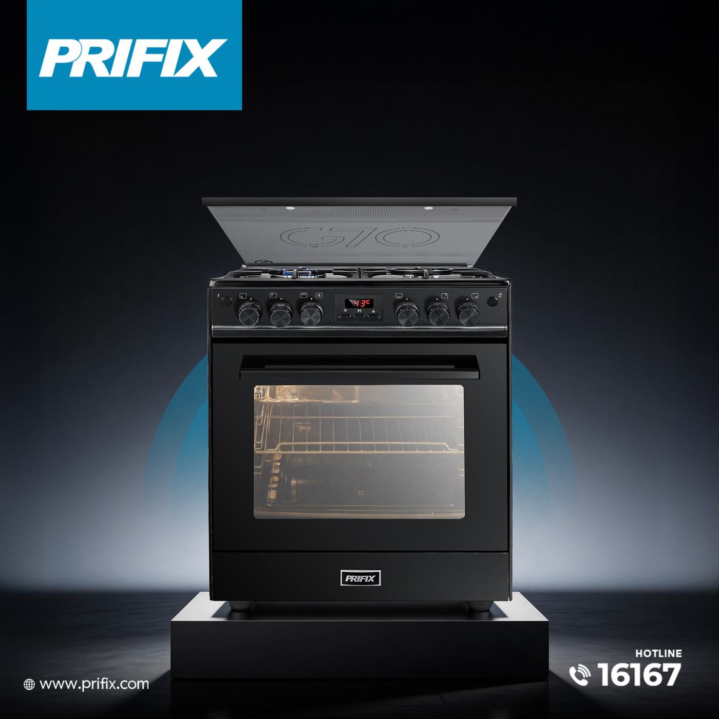 G70 Gas Cooker Black with Italian SABAF Burners & Full Safety