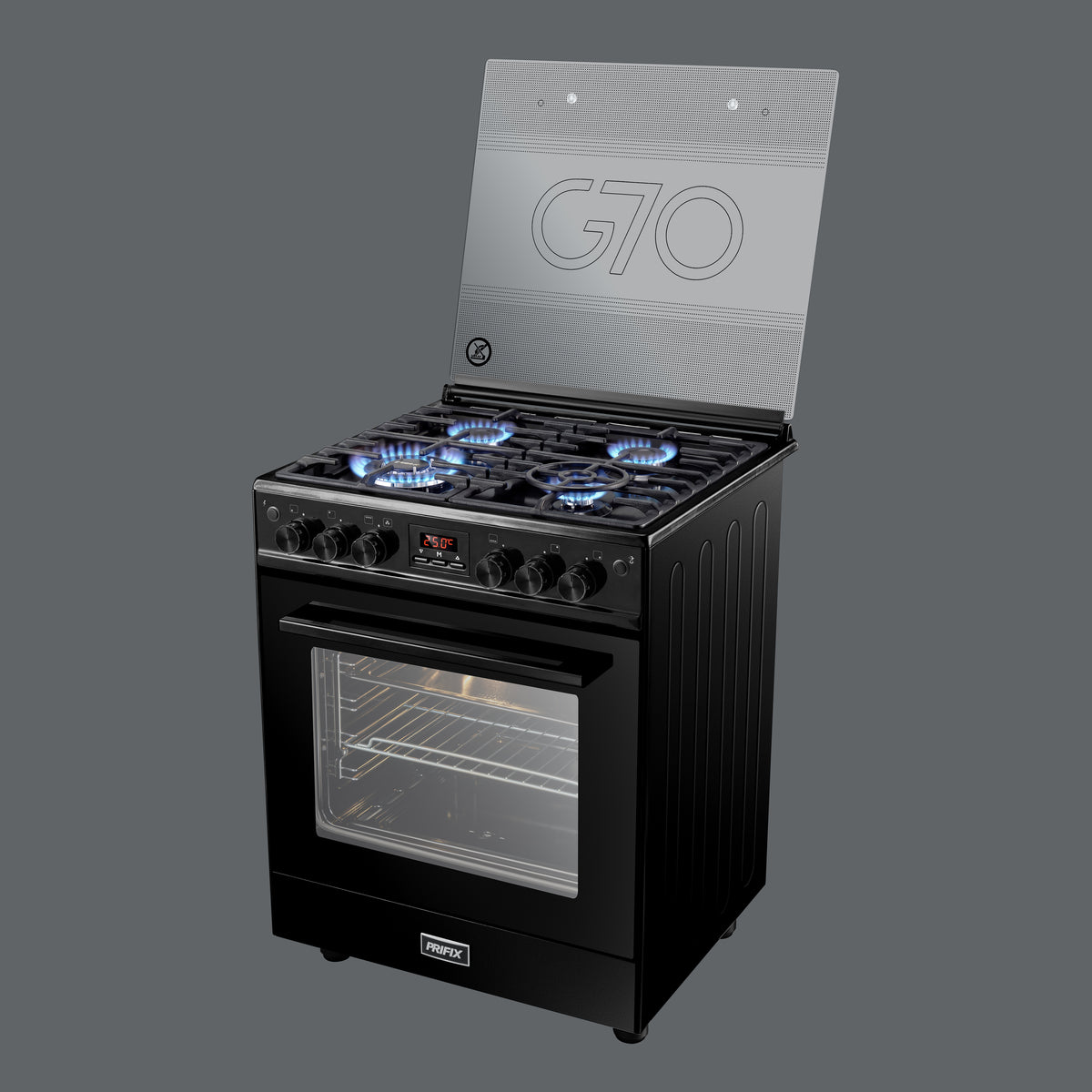 G70 Gas Cooker Black with Italian SABAF Burners & Full Safety – Prifix